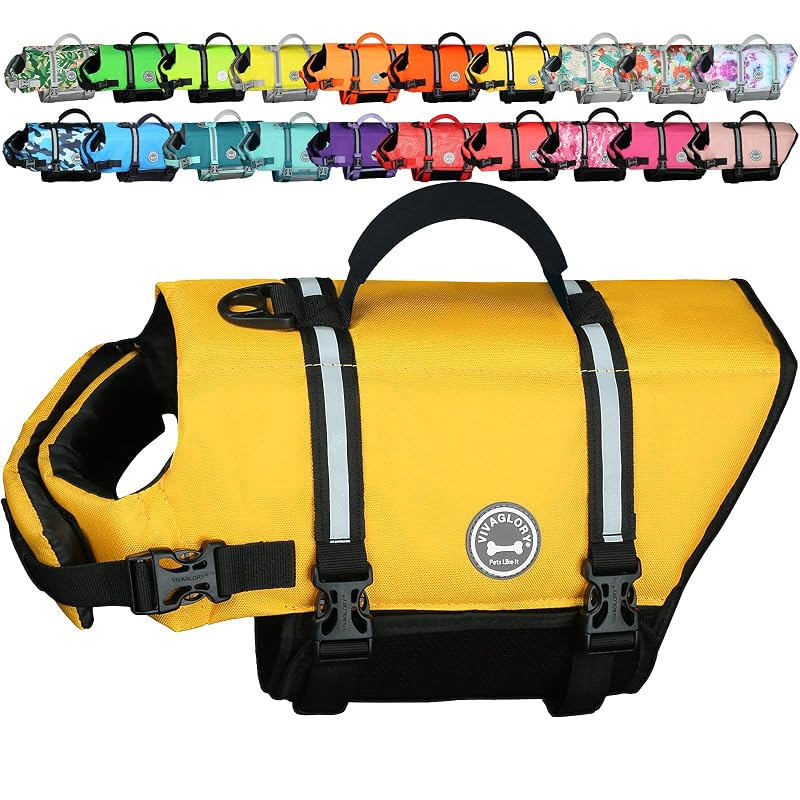 Colete salva-vidas para cães VIVAGLORY Rip Stop com detalhes refletivos, Yellow, XS (35,56–43,18 cm)