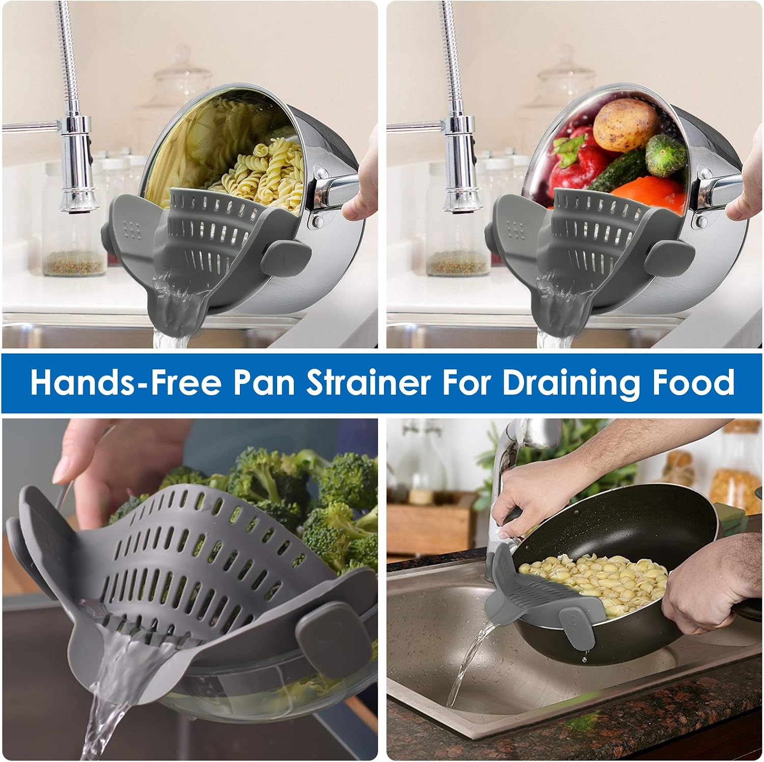 Snap N Strain Strainer, Clip-On Silicone Colander Fits all Pots, Pans and Bowls, Heat Resistant Colander for Pasta, Spaghetti, Noodle, Kitchen Sieve Snaps For Fruits, Vegetables Draining, Gray
