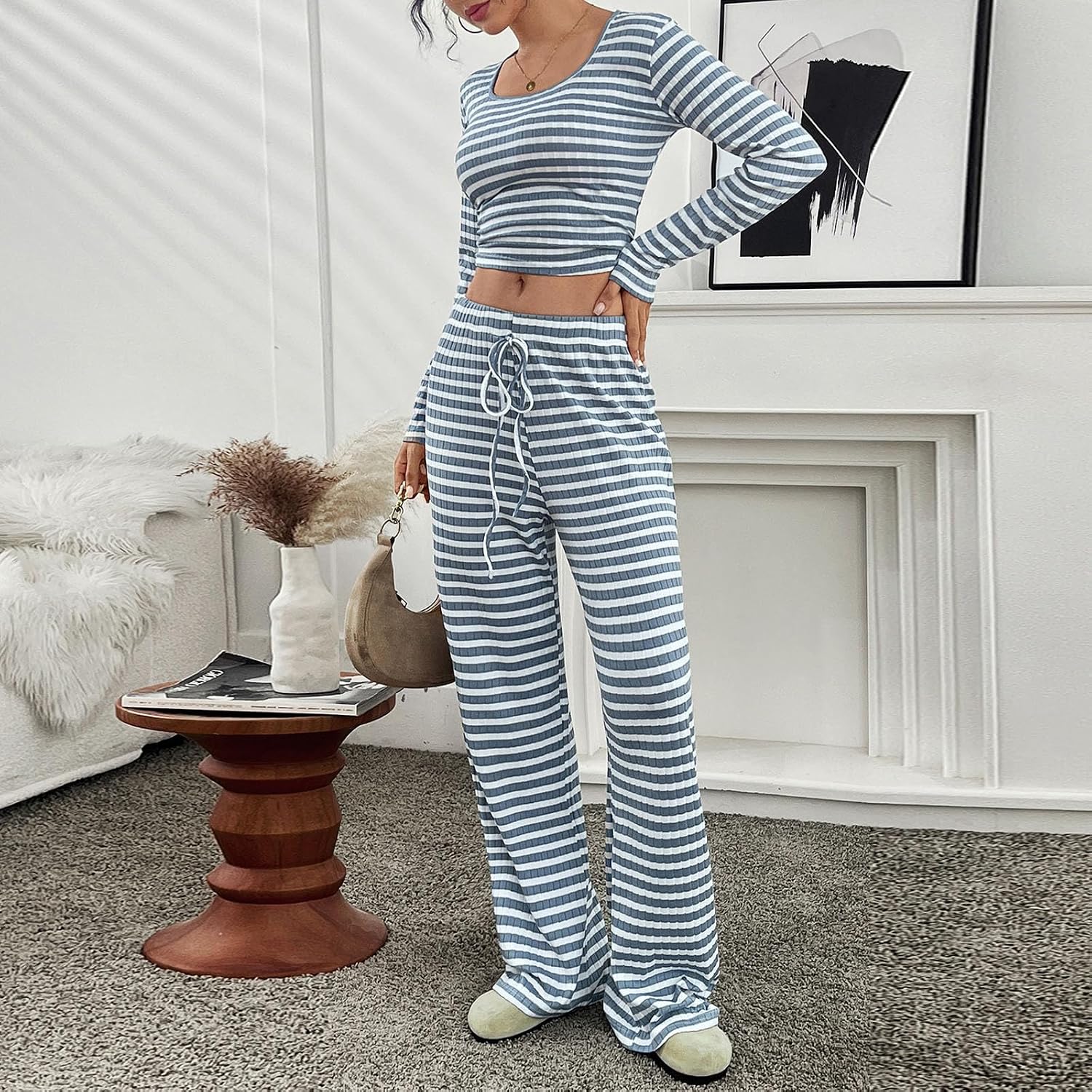 Long Sleeve Pajamas for Women Slim Fit Scoop Neck Crop Top Striped Long Pants Lounge Set Soft Sleepwear Pjs Set