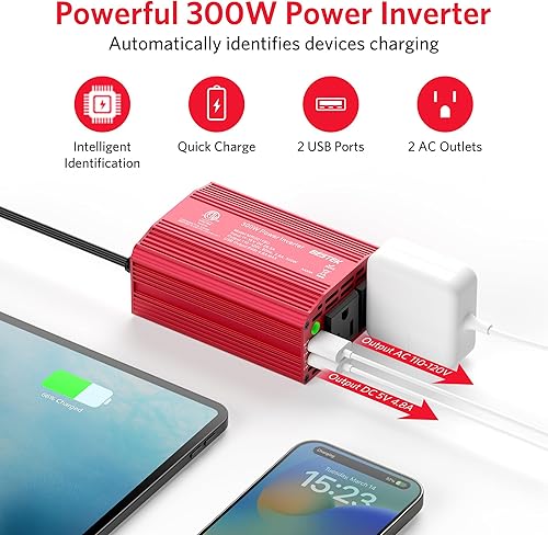 Miniatura 3 de BESTEK Inversor de corriente de 300 W, convertidor de corriente CC de 12 V a 110 V CA, para máquina CPAP, nebulizador de asma, bomba de leche, carga