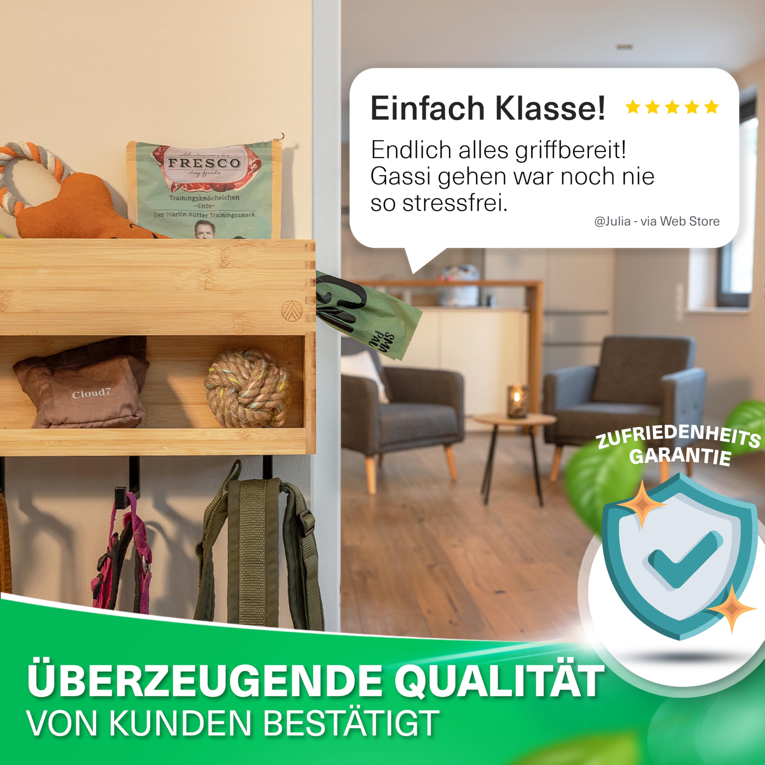 VELONT Perchero XXL con estante, perfecto aparcamiento de lino, estación de bambú respetuosa con el medio ambiente para ropa y accesorios, marca alemana, incluye dispensador de bolsas de excrementos,