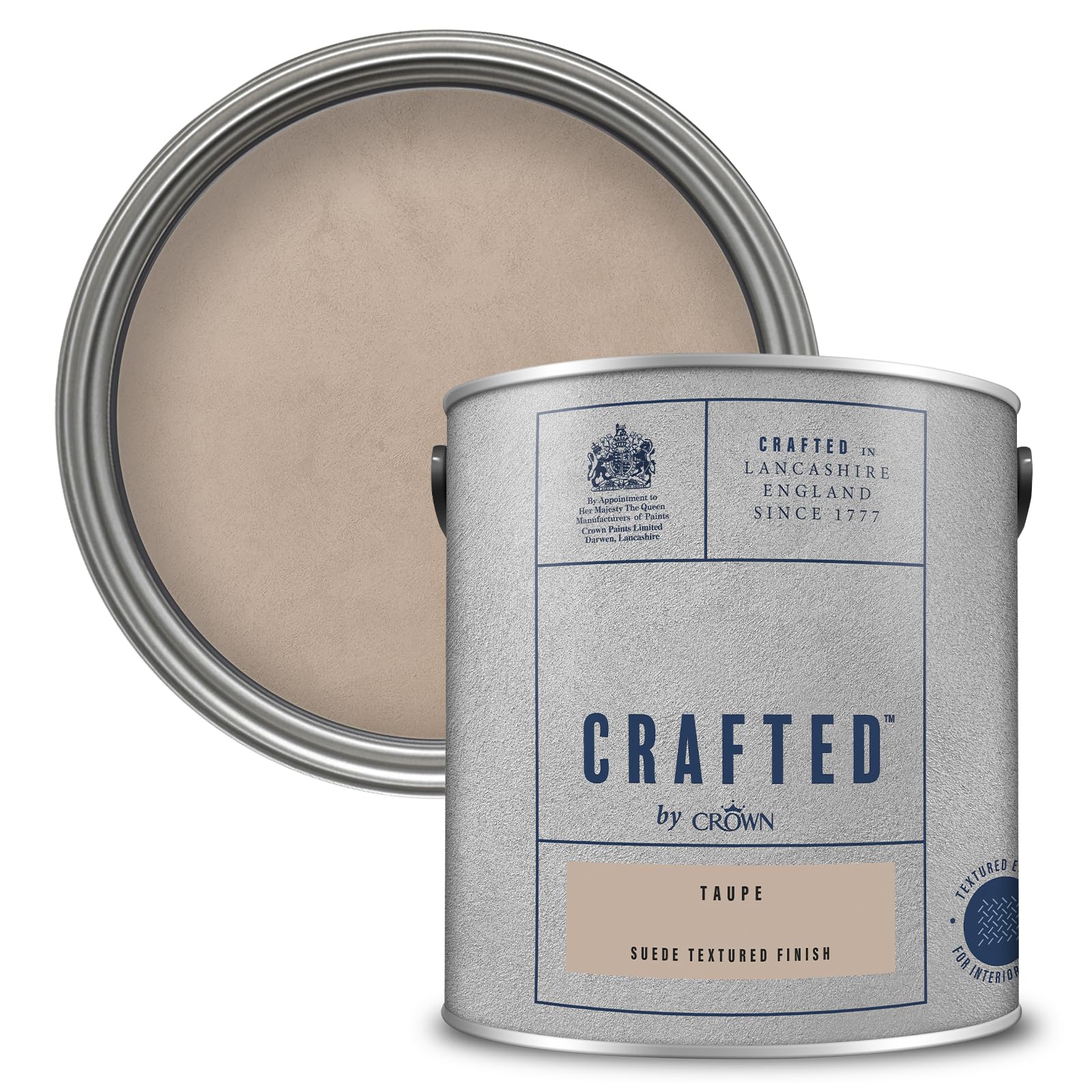 Crown Paint CRAFTED Champagne Suede Effect Textured Paint - Feature Wall Paint, Use on Walls & Ceilings - Artisanal Finish, Luxurious, Ground Olive Stones, Creates a Soft Brushed Texture - 2.5L