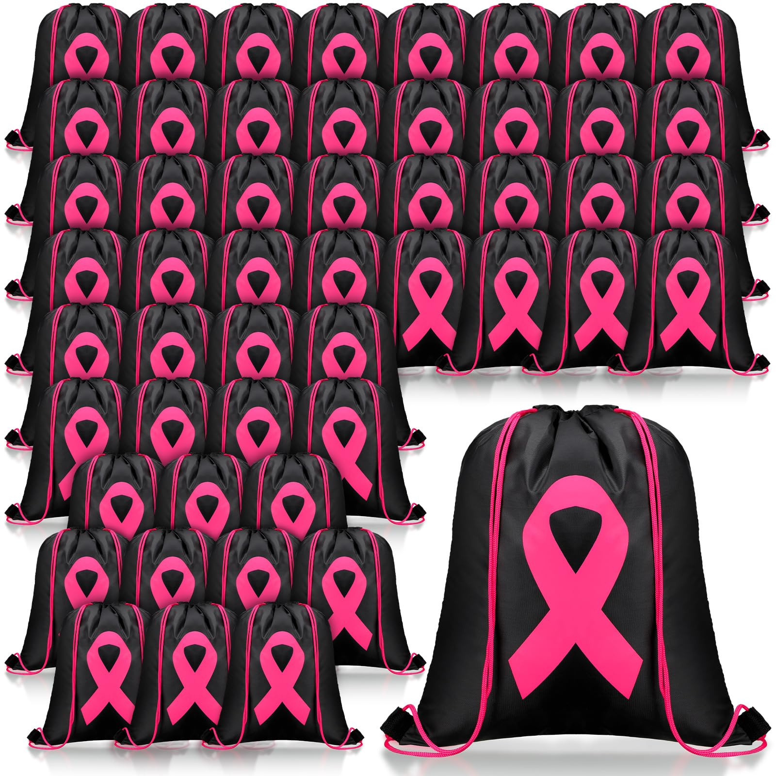 Paterr 50 Pcs Breast Cancer Awareness Backpack Pink Ribbon Drawstring ...