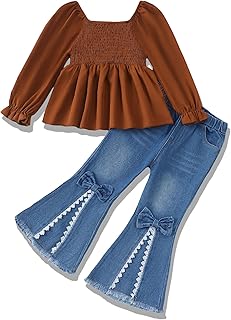 XUANHAO Toddler Girls Clothes Bell Bottoms Jeans Outfits Girl Clothing Sets | Toddler Girls Fall Winter Outfits,Puff Sleeve Smocked Shirt Flare Jeans Outfit,Cute Bell Bottom Pants Girls Clothing Sets