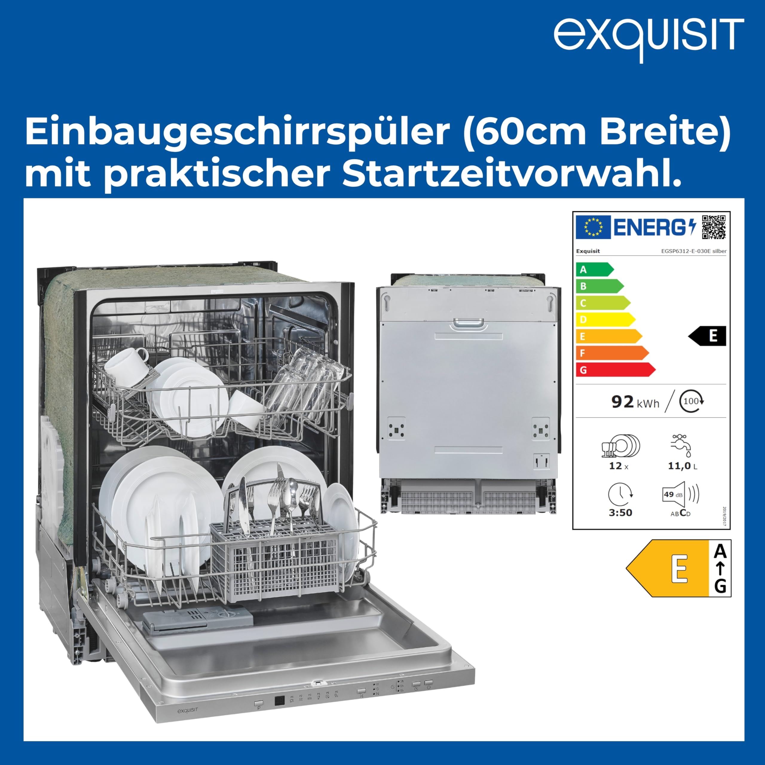 Exquisit EGSP56312-E-030E Einbau-Geschirrspüler 12 Maßgedecke 49 dB leise Aquastop Startzeitvorwahl höhenverstellbarer Korb LED-Anzeige