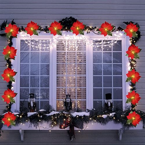Miniatura 3 de FUCHSUN - Guirnalda de flores de Pascua de Navidad de 14 pies, 20 luces LED artificiales rojas con luces LED para árbol de Navidad, chimenea,