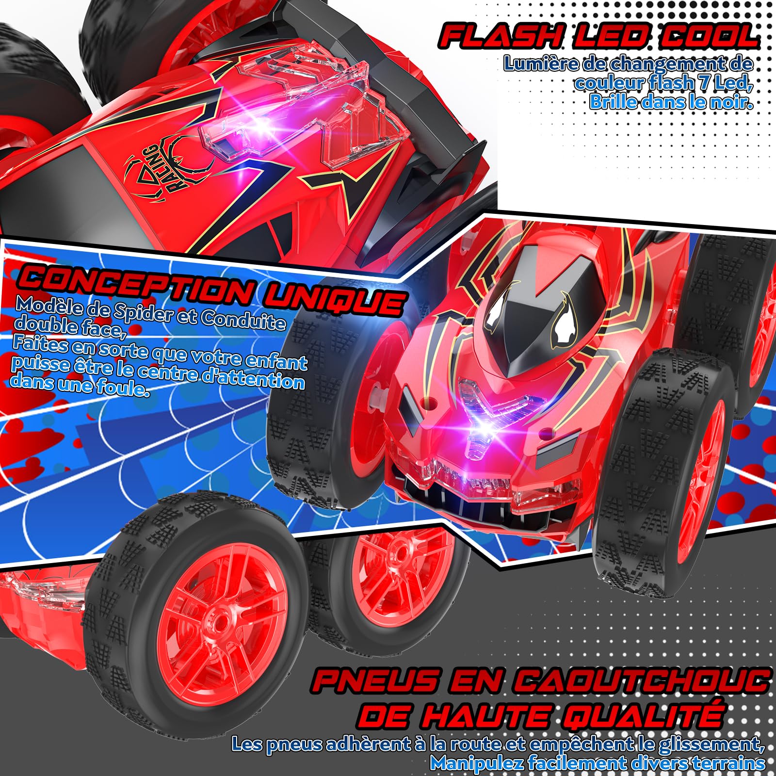 Voiture Télécommandée Spider Jouet, 2.4GHz Voiture Radiocommandée avec LED, Stunt Remote Control Car Jeux Extérieur, 360° Rotation RC Crawlers, Noël Anniversaire Cadeau Garçon Fille Enfant 3+ Ans