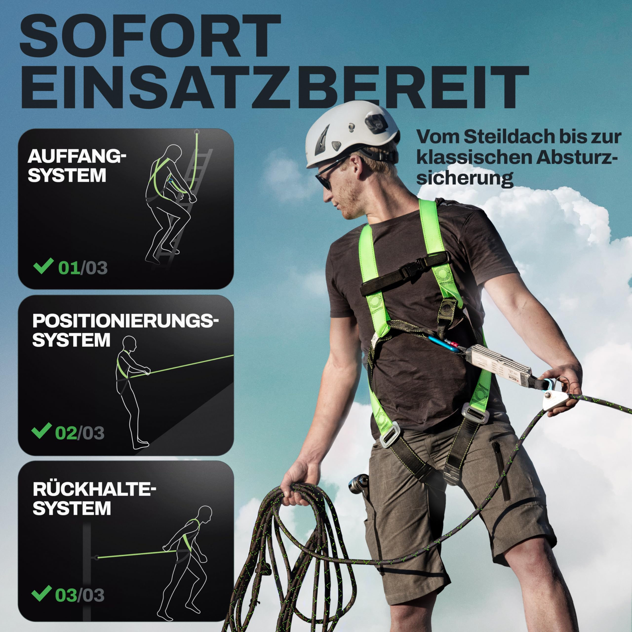 FLG Safetytec Fallschutz Komplettset - 2-Punkt Auffanggurt mit 10m Verbindungsmittel und 2m Bandschlinge für maximale Sicherheit bei Höhenarbeiten gem. EN353 / 361/795