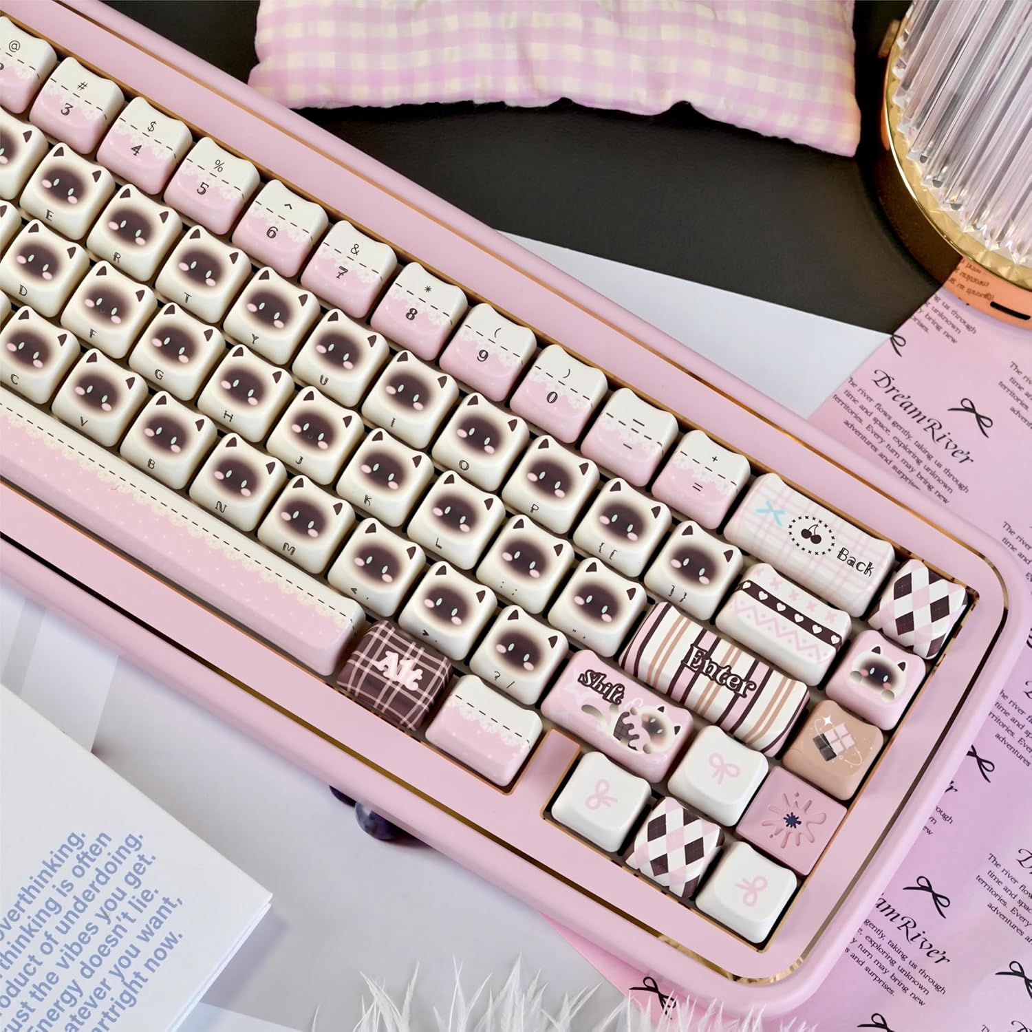 PBT Keycaps-Pink Cat Keycap Mao Profile, Siamese Cat Themed Keycaps Kawaii Cute Keyboard Keycap, Dye-Sublimation Creamy Custom Key Cap for Cherry MX Mechanical Keyboards