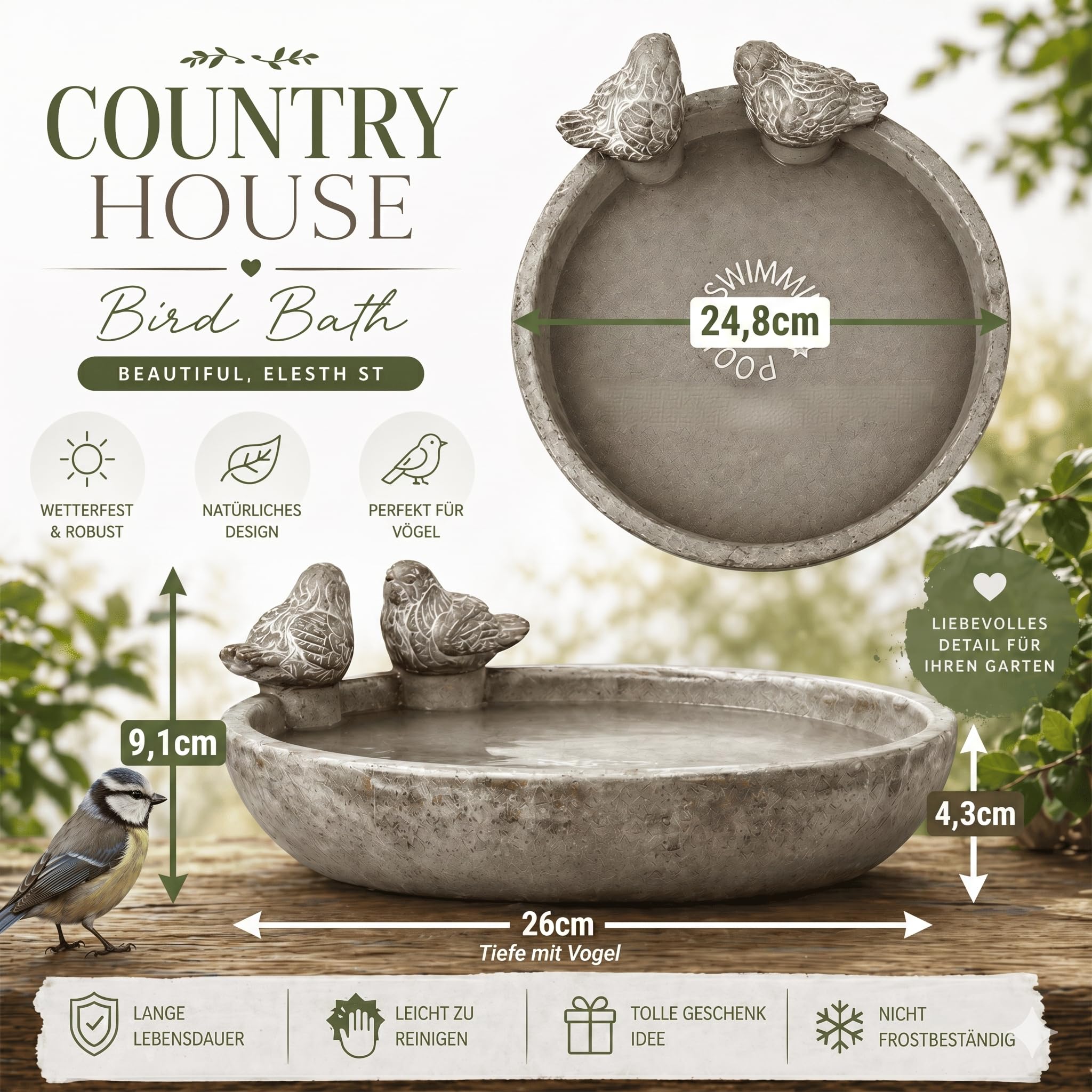 Vogeltränke Vogelbad Gartenvögel Wasserschale Vogeltränke Vogelbecken mit 2 Deko-Vögeln 26 cm rund für Balkon Terrasse Garten Dekoschale Wasserstelle für Wildvögel - 2 Stück