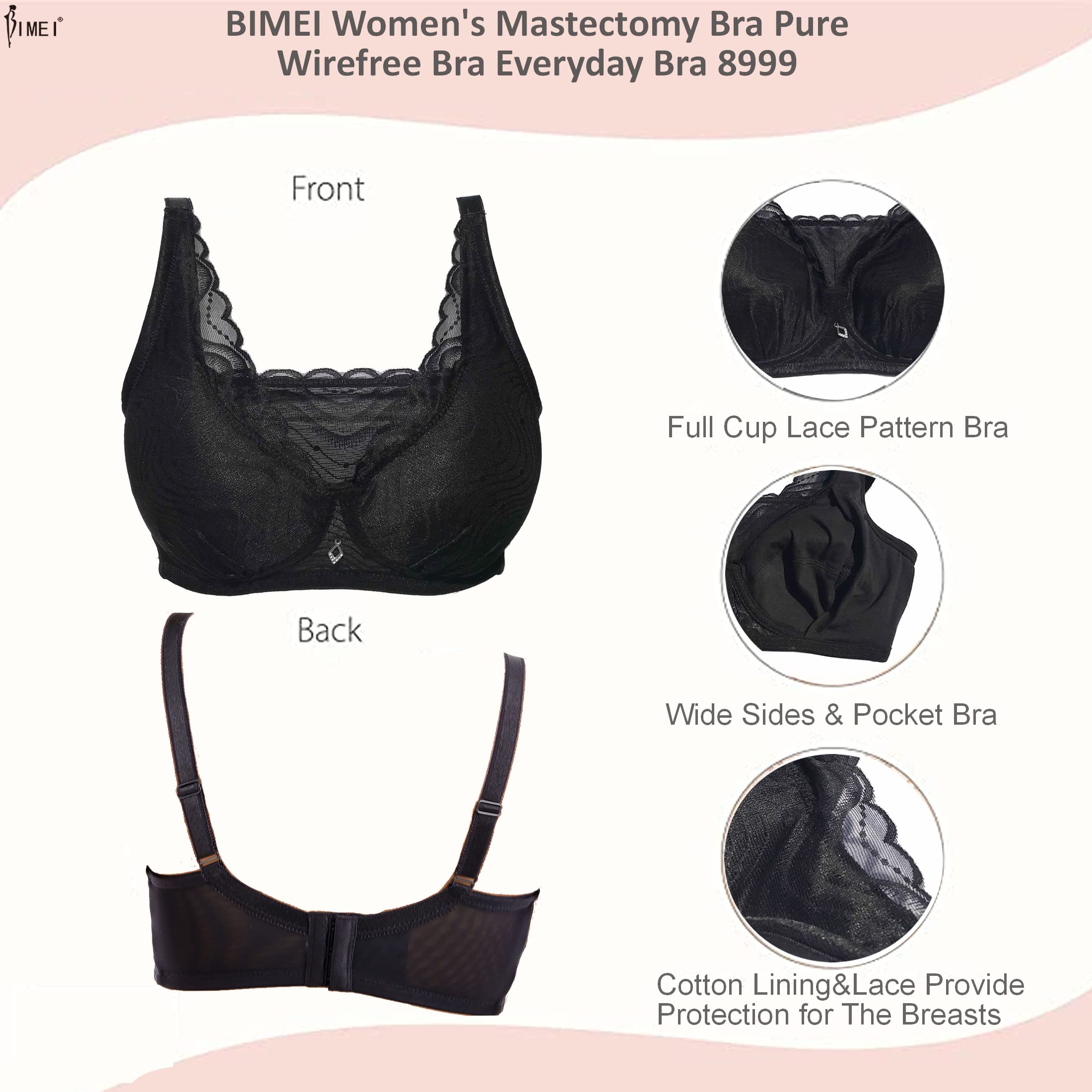 BIMEI Reggiseno mastectomia con tasche per protesi mammaria Reggiseno da donna a copertura completa senza fili per tutti i giorni 8999