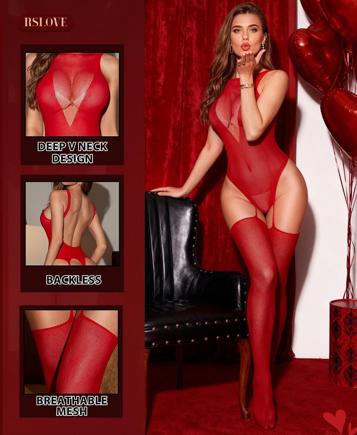 RSLOVE Fishnet Bodystocking for Women, Deep V Backless Bodysuit