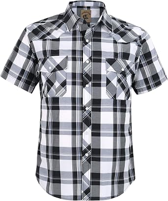 COEVALS CLUB Mens Western Cowboy Short Sleeve Pearl Snap Casual Plaid Work Shirts