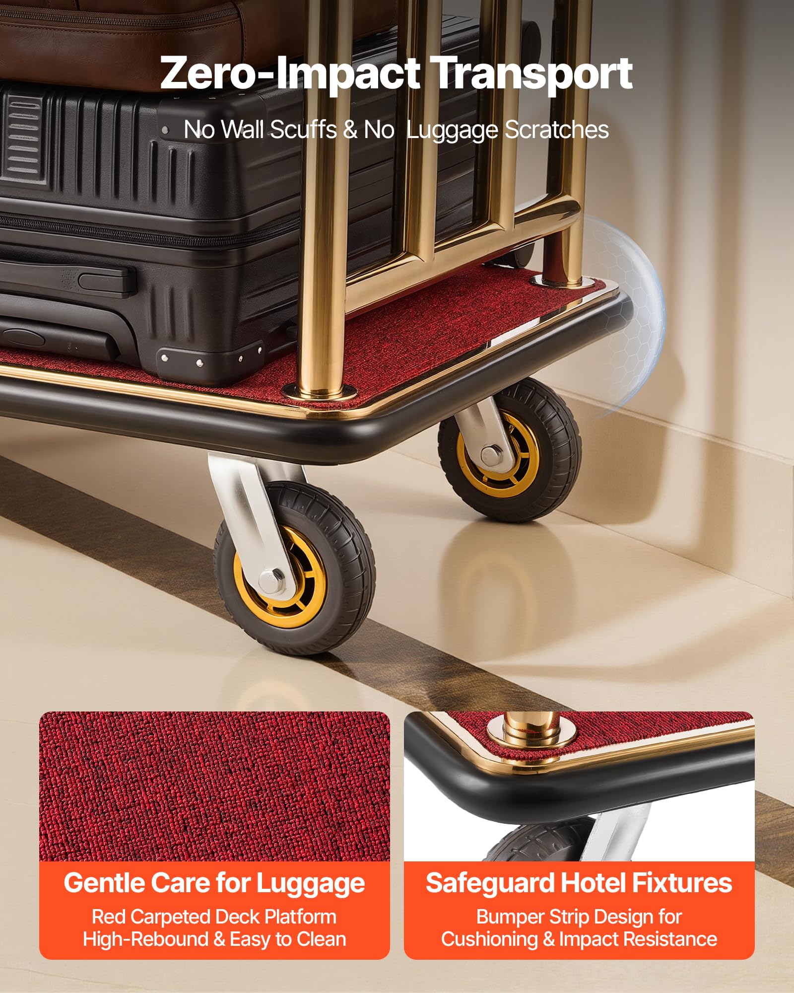 VEVOR Chariot à Bagages d'Hôtel, Charge Max. 340,19 kg, Chariot Porte-Bagages pour Hôtels et Complexes Hôteliers, avec Cadre en Acier Inoxydable, Roues en Caoutchouc 152 mm, Plateau Moquetté Rouge, Or