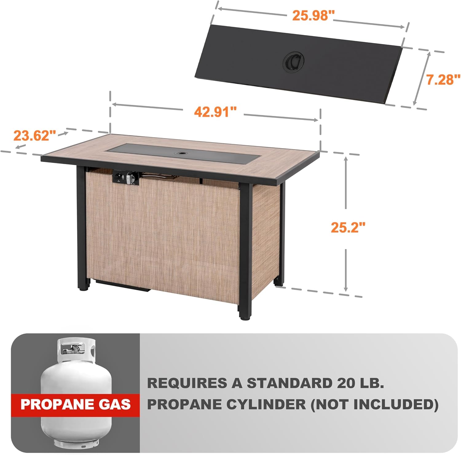 Nuu Garden 43” Propane Fire Pit, CSA-Listed Outdoor Fire Pit Table, 50,000 BTU Gas Fire Pit with Lid and Glass Beads, 2-in-1 Rectangular Fire Pit for Outside Backyard Patio, Light Brown
