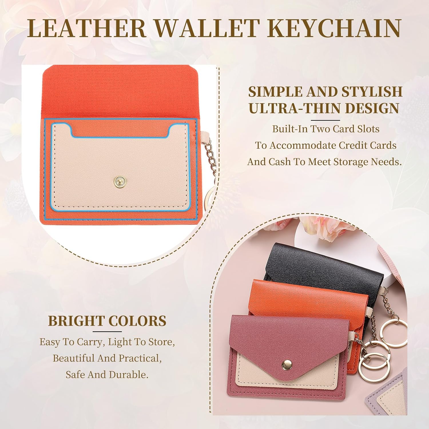 PATIKIL Leather Wallet Keychain, Slim Wallet Credit Card Holder Car Key Chain Leather Wrist Keychains, Dark Pink, Small image 4