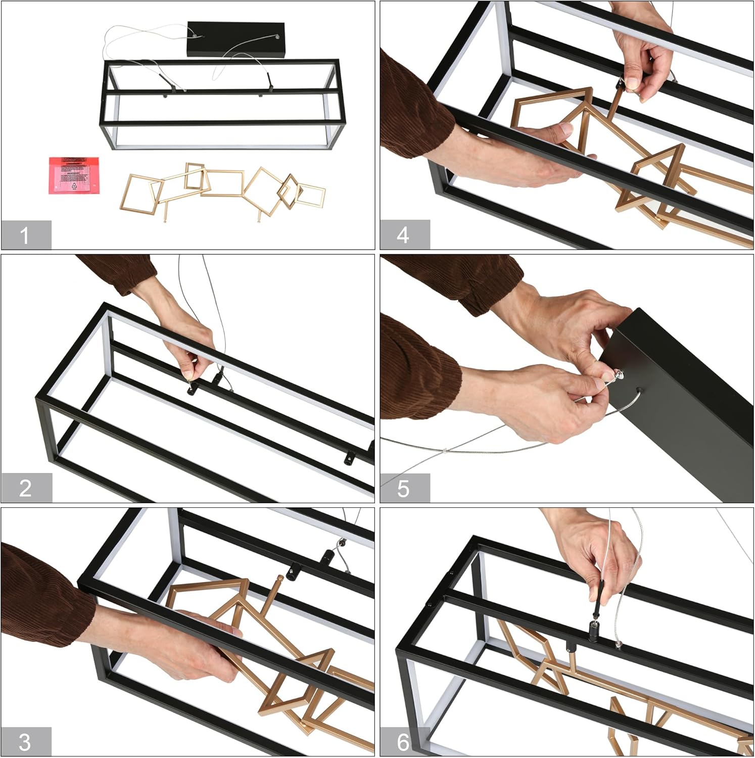 KSANA Black and Gold LED Chandeliers, 3000K, CRI >90, 8-Light Rectangle Dining Room Chandelier Over Table, Modern Kitchen Island Lighting