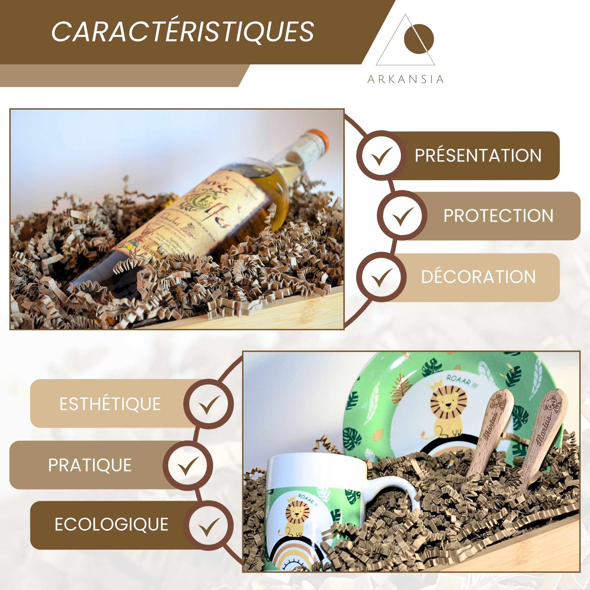ARKANSIA - 1 Kg Papier Froissé Déchiqueté pour Remplissage Boîte Cadeau & Panier Garni – Frisure Kraft, Calage, Protection, Décoration, Mariage, Fête, Anniversaire, Naissance (Kraft, 1 Kg)