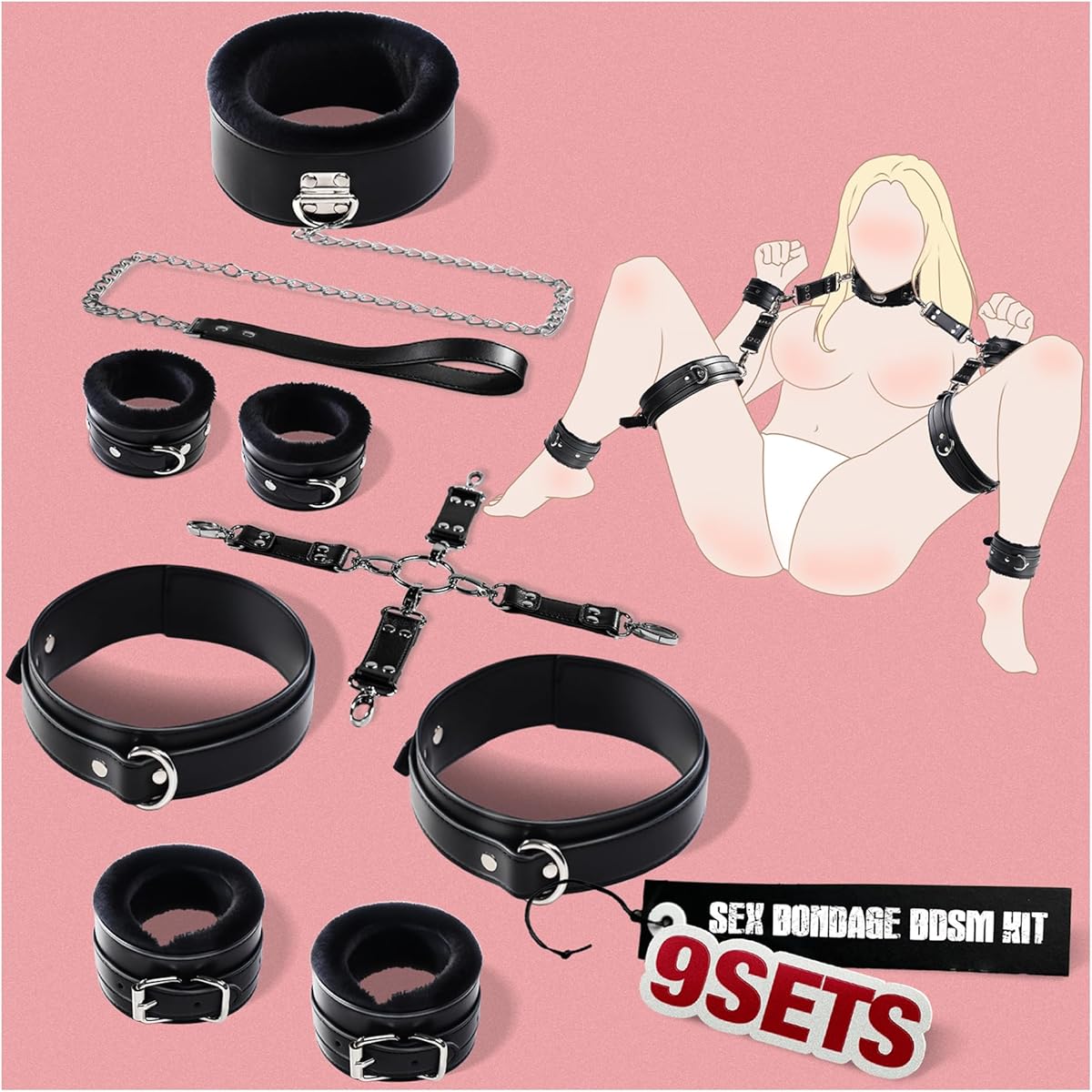 SPACE SEX Sex Bondage BDSM Kit, 9PCS Sex Restraints SM Adult Sex Toys for Men Women and Couples for Role Play & Intimate Exploration, Adjustable Collar, Leash, Handcuffs, Ankle & Thigh Cuffs