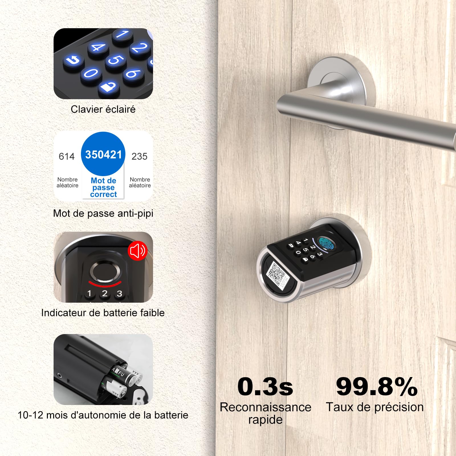 RUILON ToucA51 Serrure connectée à code 30x30 - Cylindre empreinte digitale | Serrure biometrique IP65 avec 3 cartes RFID, portes 30-75 mm, Facile à installer, Maison Chambre, Clavier rétroéclairé