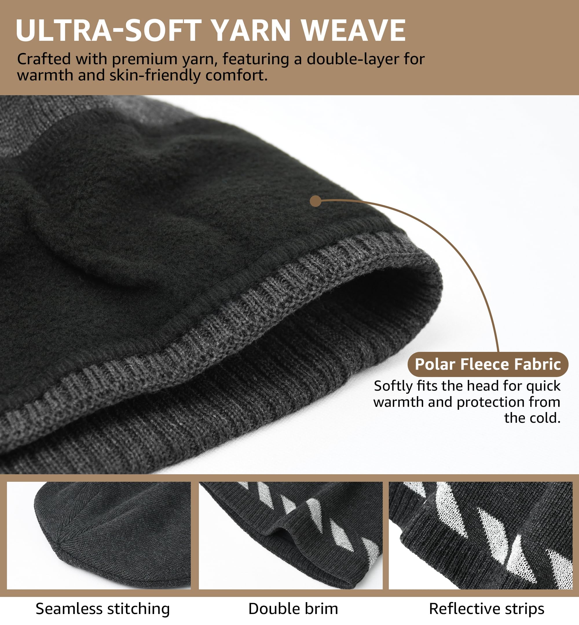 HiRui Gorros de invierno para hombres y mujeres, gorros de lana de punto con calavera, rayas reflectantes