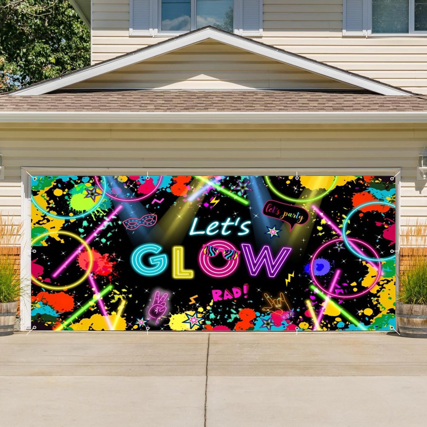 Neon Glow Party Garage Door Cover Banner Decorations Backdrop 8x16ft Large Let‘s Glow Crazy Graffiti Splash Paint Garage Door Outdoor Decorations Birthday Neon Themed Party Garage Door Cover Props