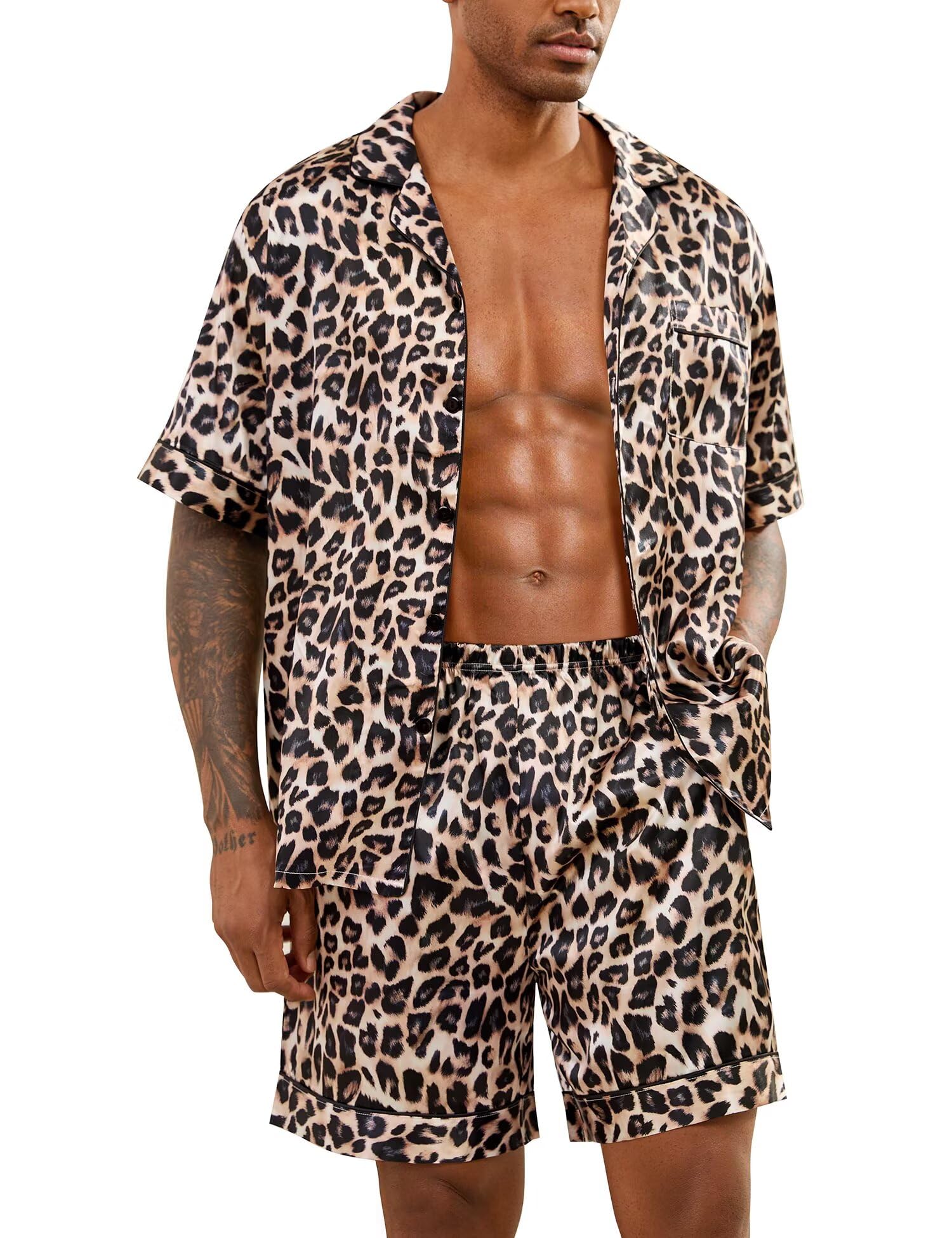 SWOMOG Men Satin Silk Pajamas Sets Short Sleeve Sleepwear Button-Down PJs Sets Two-Pieces Loungewear with Pockets