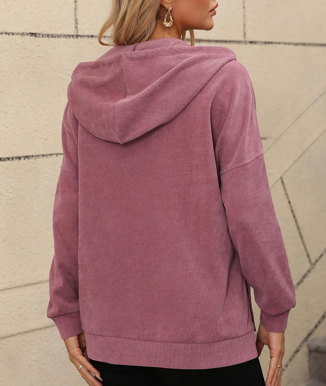 LILBETTER Womens Long Sleeve Pullover Hoodies Drawstring Sweatshirt Fall Knit Ribbed Tops with Pocket - Image 6