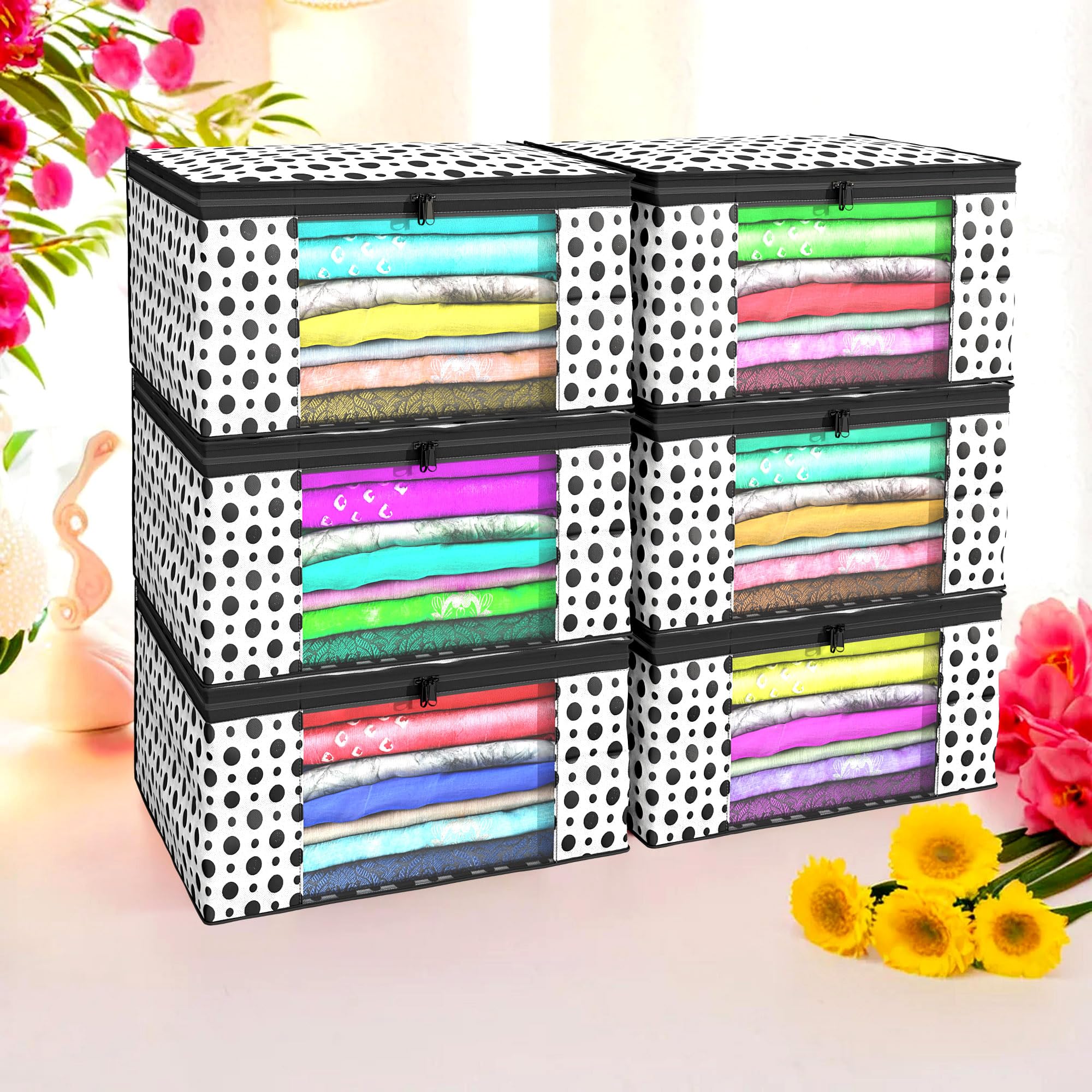 Kuber Industries (Pack of 6) Saree Covers | Foldable Storage Bag for Almirah & Wardrobe | Non-Woven Saree Bags (9 Inch) Clothes Bag for Women (Polka Dot) Sari Cover Bags | White