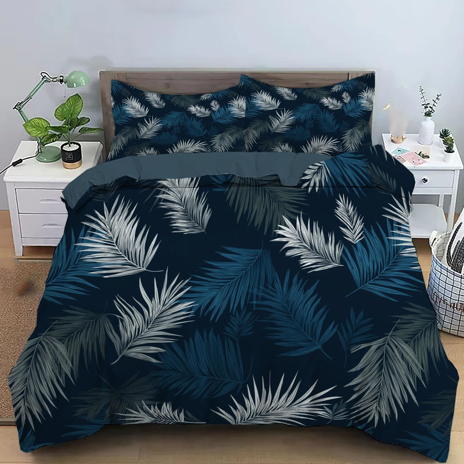 Housse de couette 200x200cm bleu foncé feuilles de palmier avec zippe et taies