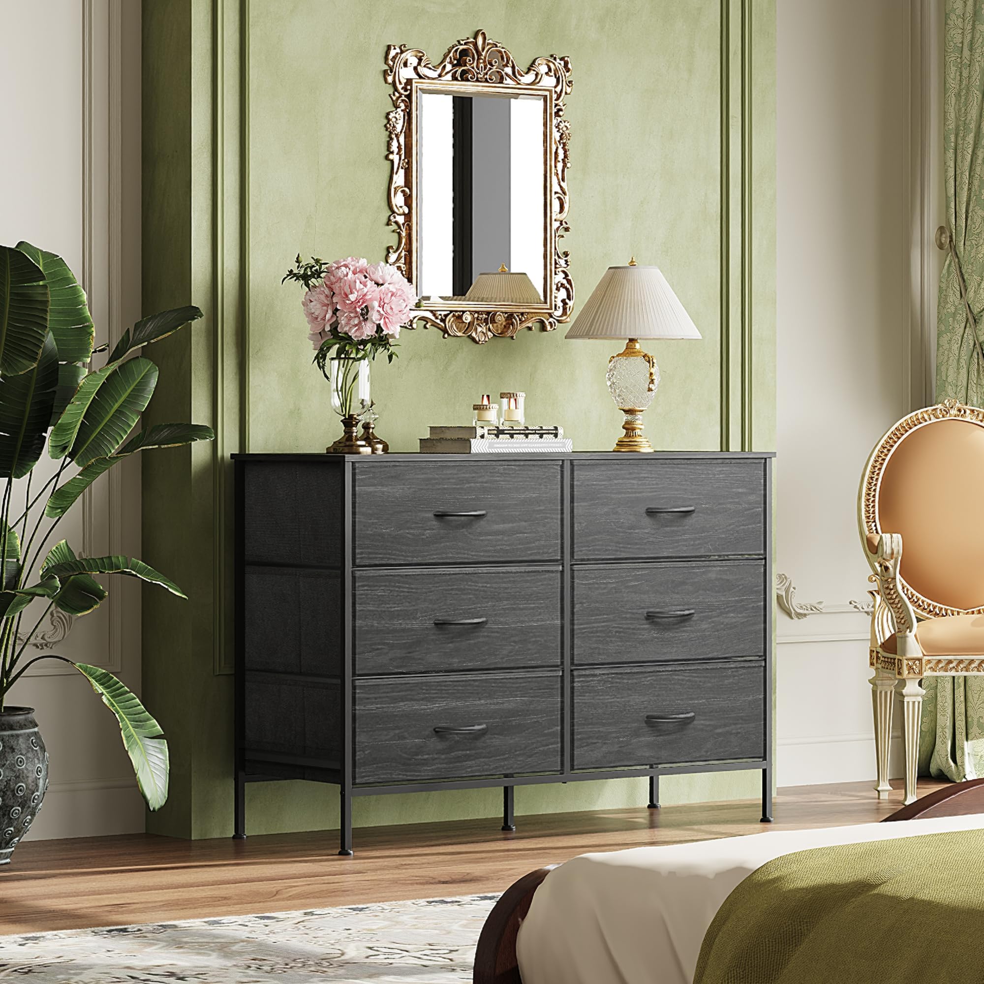 WLIVE Dresser for Bedroom with 6 Drawers, Charcoal Black Wood Grain Print