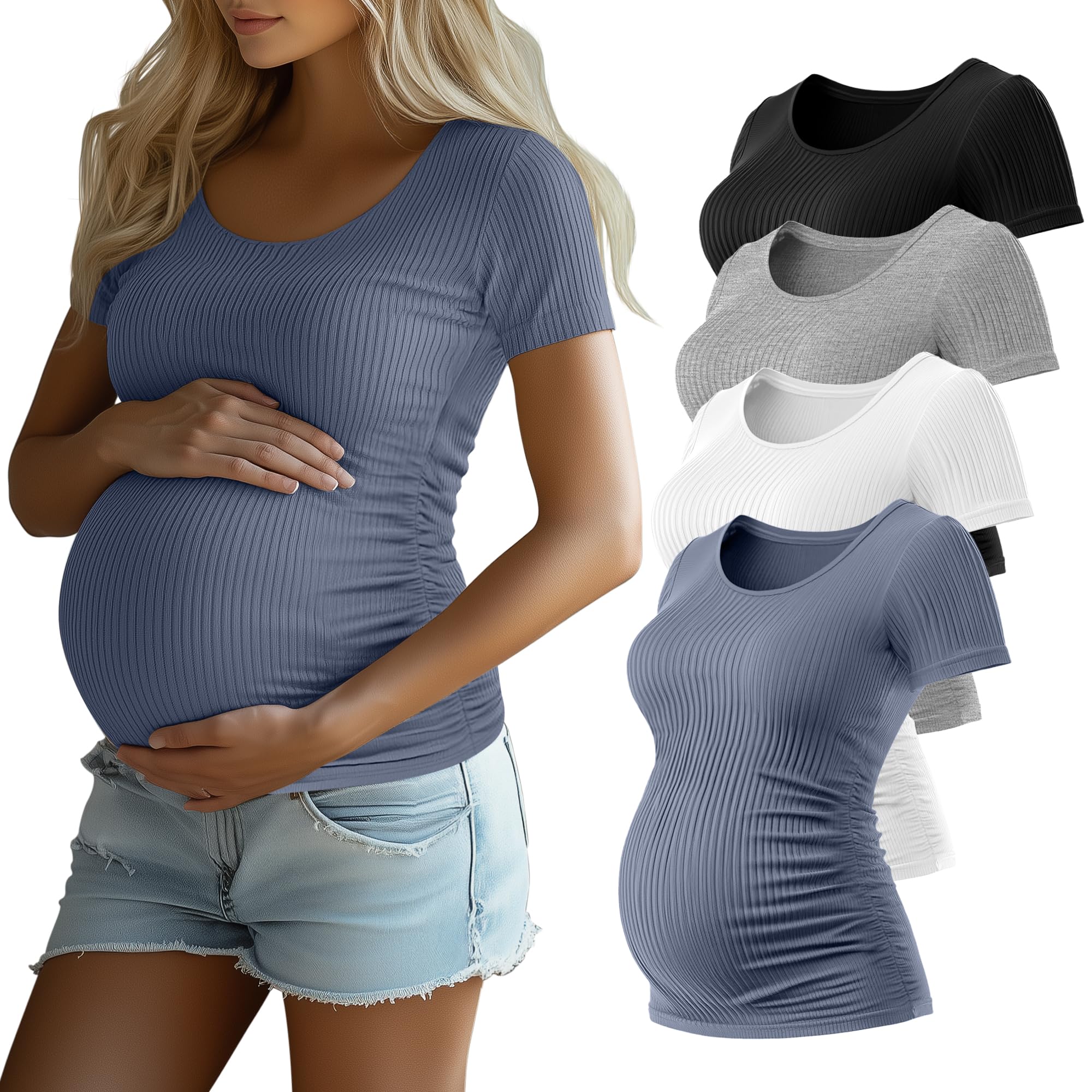 Riyiper 4 Pack Women's Maternity T-Shirts, Cotton Side Ruched Ribbed Maternity Top Scoop Neck Short Sleeve Pregnant Clothes