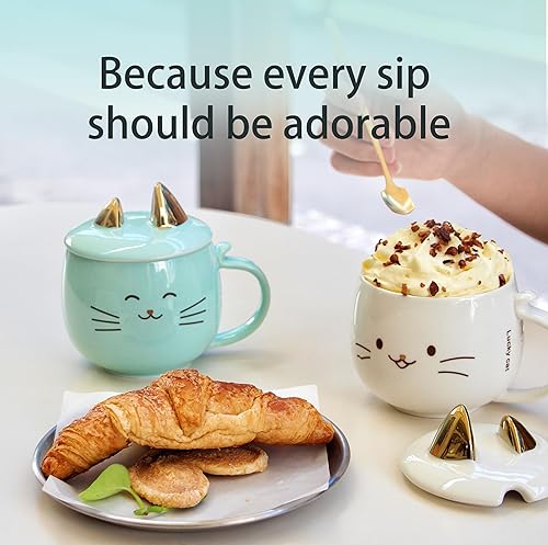 Miniatura 9 de Yuwu Taza de café de cerámica con cuchara y tapa, taza de 13.5 onzas con tapa de soporte para teléfono, bonita taza de té para mujeres y entusiastas