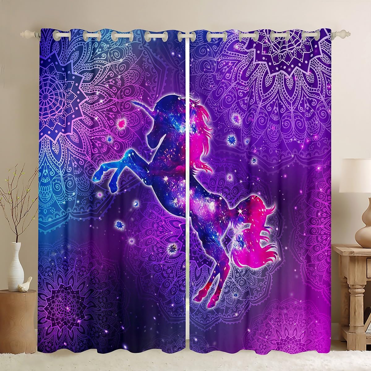 Lot de 2 rideaux de fenêtre à œillets motif licorne violette - Pour chambre d'enfant - 168 x 183 cm