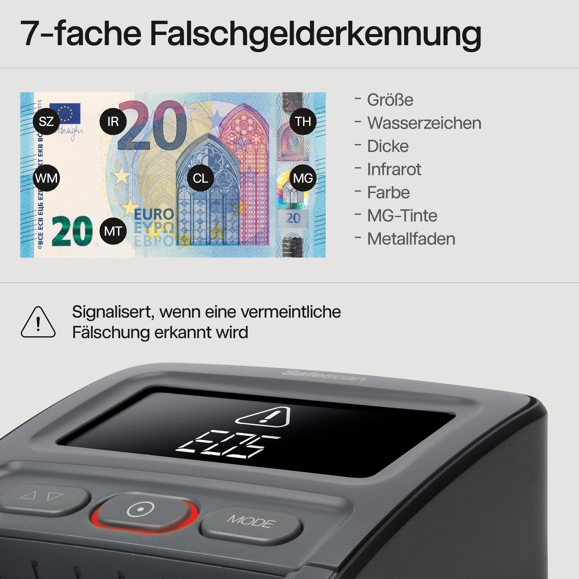 Safescan 155-S & RS-100 automatischer Geldscheinprüfer zur schnellen Überprüfung von Geldscheinen - Falschgeldprüfgerät mit 7-facher Echtheitsprüfung - 100% genaues Prüfgerät inkl. Banknotenstapler