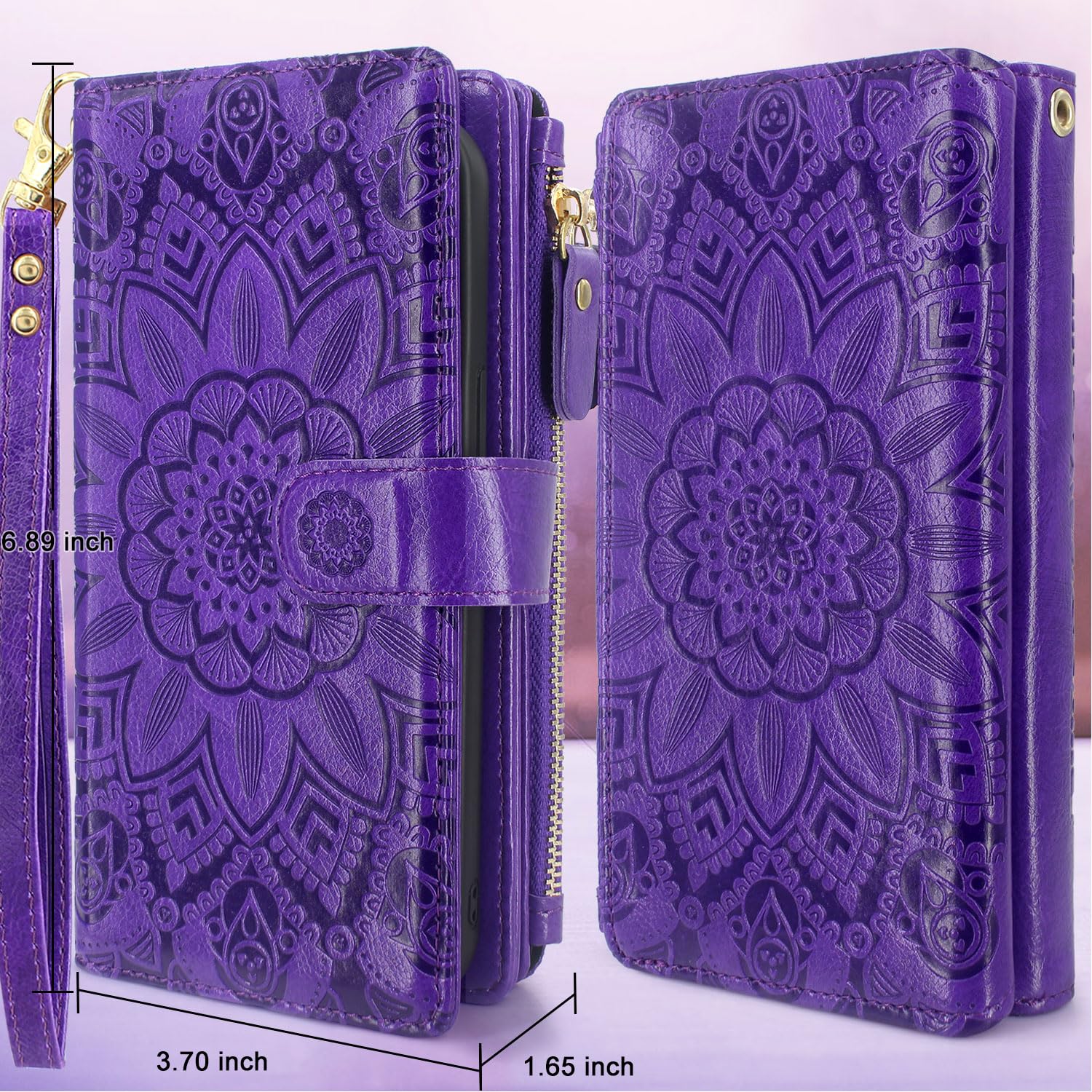 Harryshell Detachable Magnetic Zipper Wallet Leather Case with Cash Coin Pocket 12 Card Slots Holder Wrist Strap Lanyard for Samsung Galaxy S24 Ultra 5G 6.8 inch (2024) (Flower Purple)