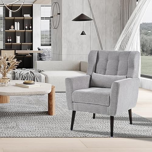 Miniatura 95 de Silla decorativa moderna, sillón tapizado con almohada, sofá individual de tela con asiento de salón y patas de madera, silla decorativa para sala