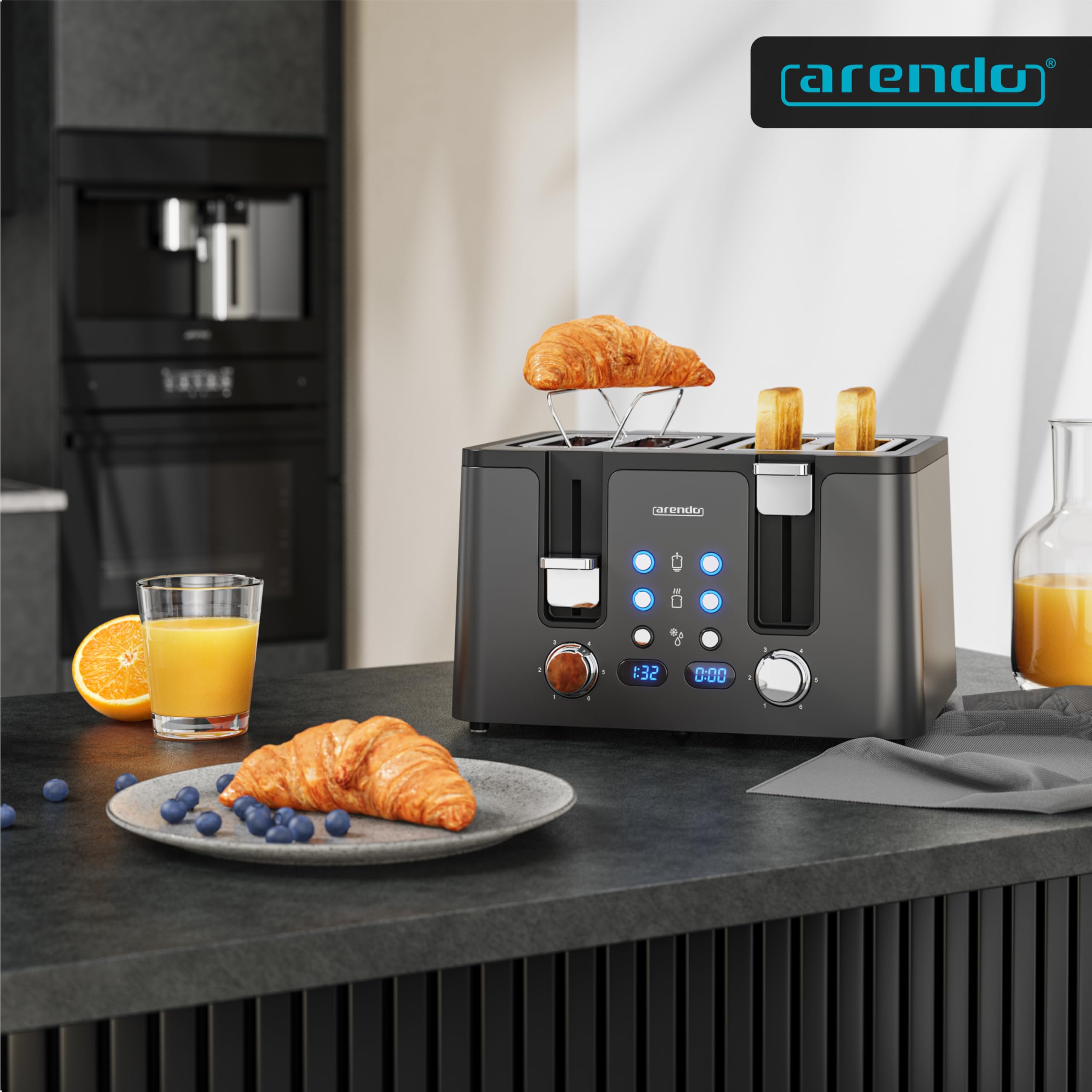 Arendo - Toaster 4 Scheiben Edelstahl - mit Brötchenaufsatz - 4 Schlitze - LED Anzeige Restzeitanzeige – Doppelwandgehäuse - Defrost Funktion - Krümelschublade - 6 Bräunungsgrade - Cool Grey Design