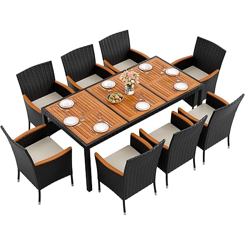 Flamaker 9 Piece Patio Dining Set Outdoor Acacia Wood Table and Chairs with Soft Cushions Wicker Patio Furniture for Deck, Backyard, Garden