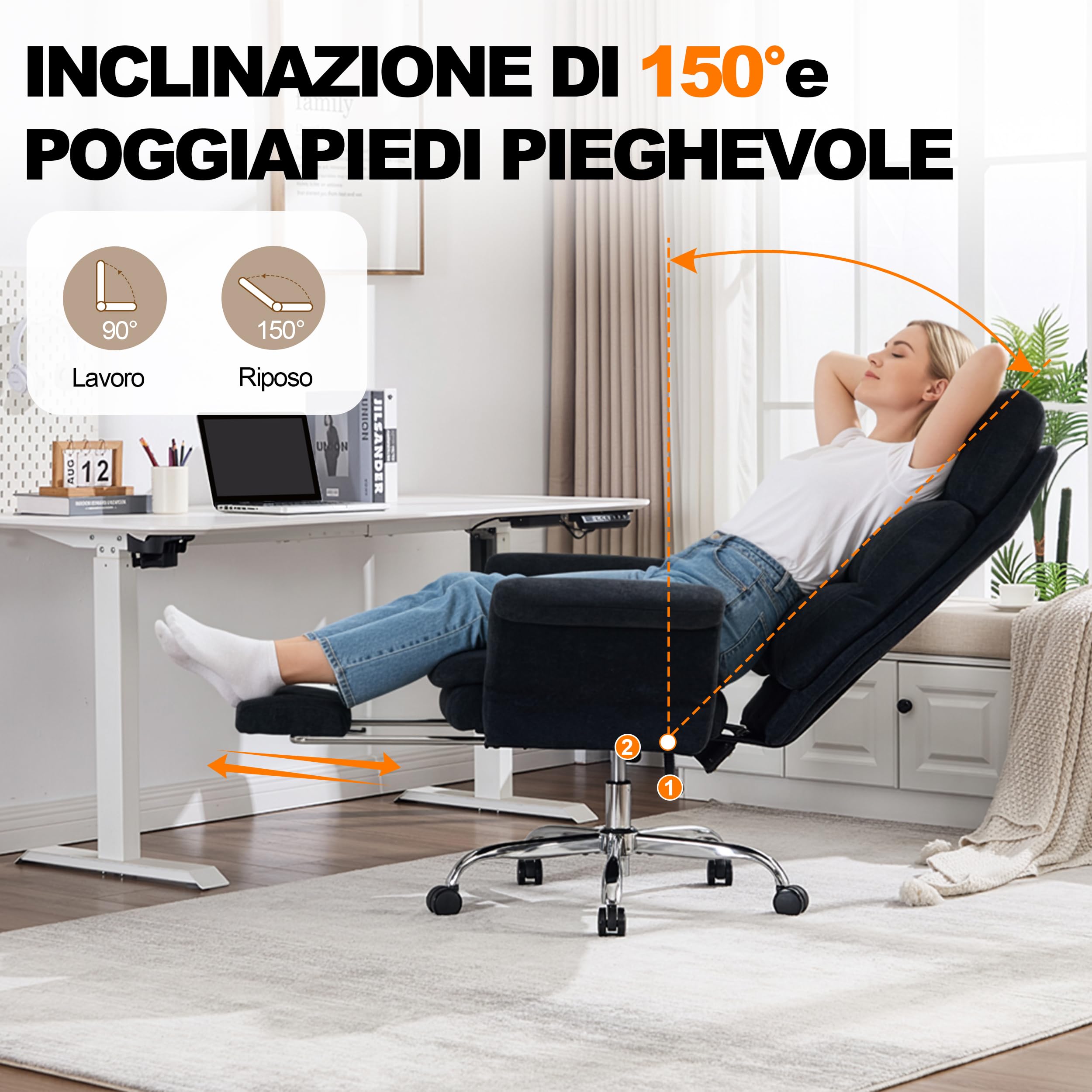 UEV Sedia Ergonomica con Braccioli Reversibili 90°-190°, Alta e Grande, Poltrona Ufficio Ergonomica con Poggiatesta Regolabile e Poggiapiedi Retrattile, Sedia da Scrivania, 70 x 65 x 116-123 cm, Nero