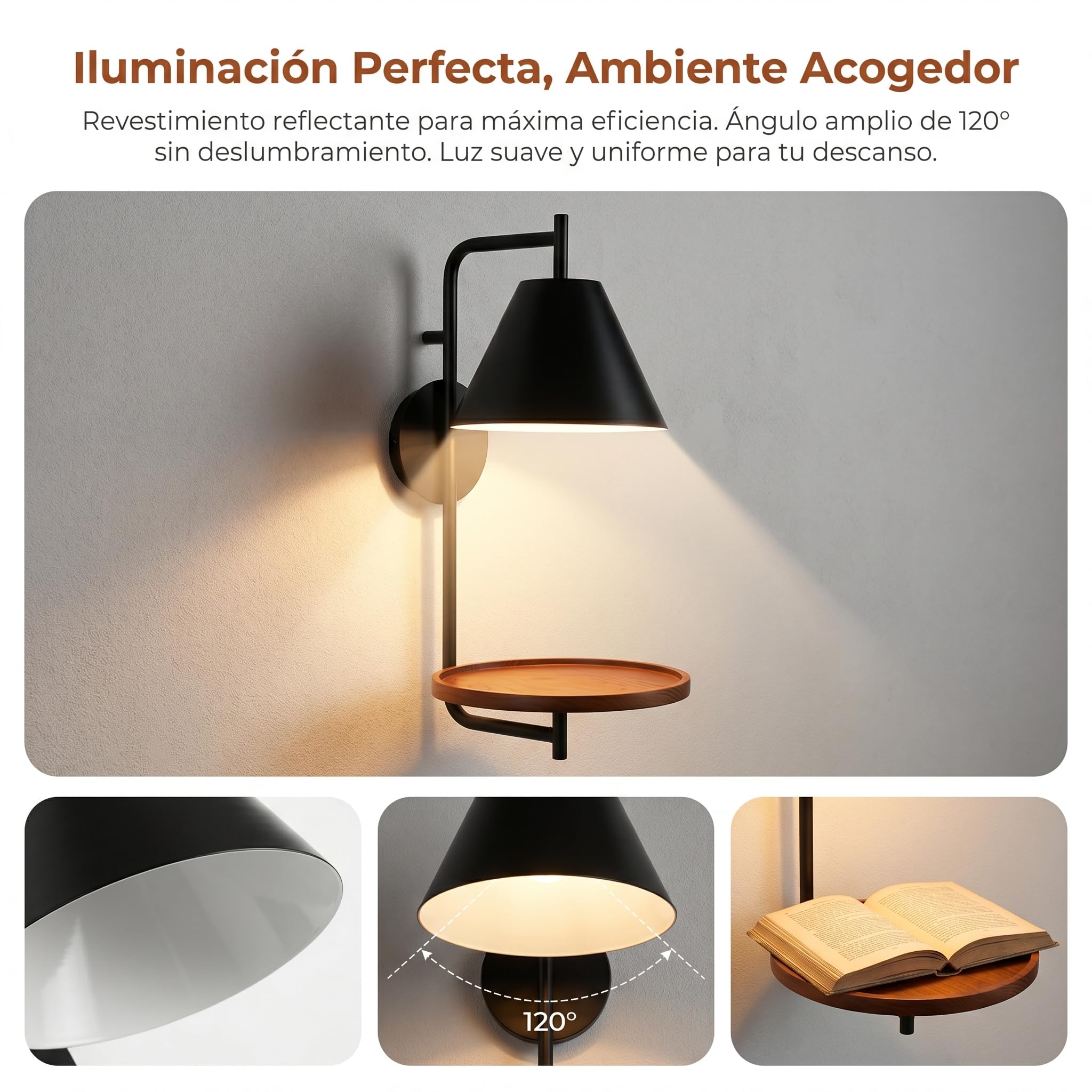 BARCELONA LED Bilon Innen-Wandleuchte E27 mit integriertem Holzregal, moderne Wandlampe in Schwarz Matt für Schlafzimmer, Bettkopfteil, Wohnzimmer und Hotel, Leuchtmittel nicht enthalten