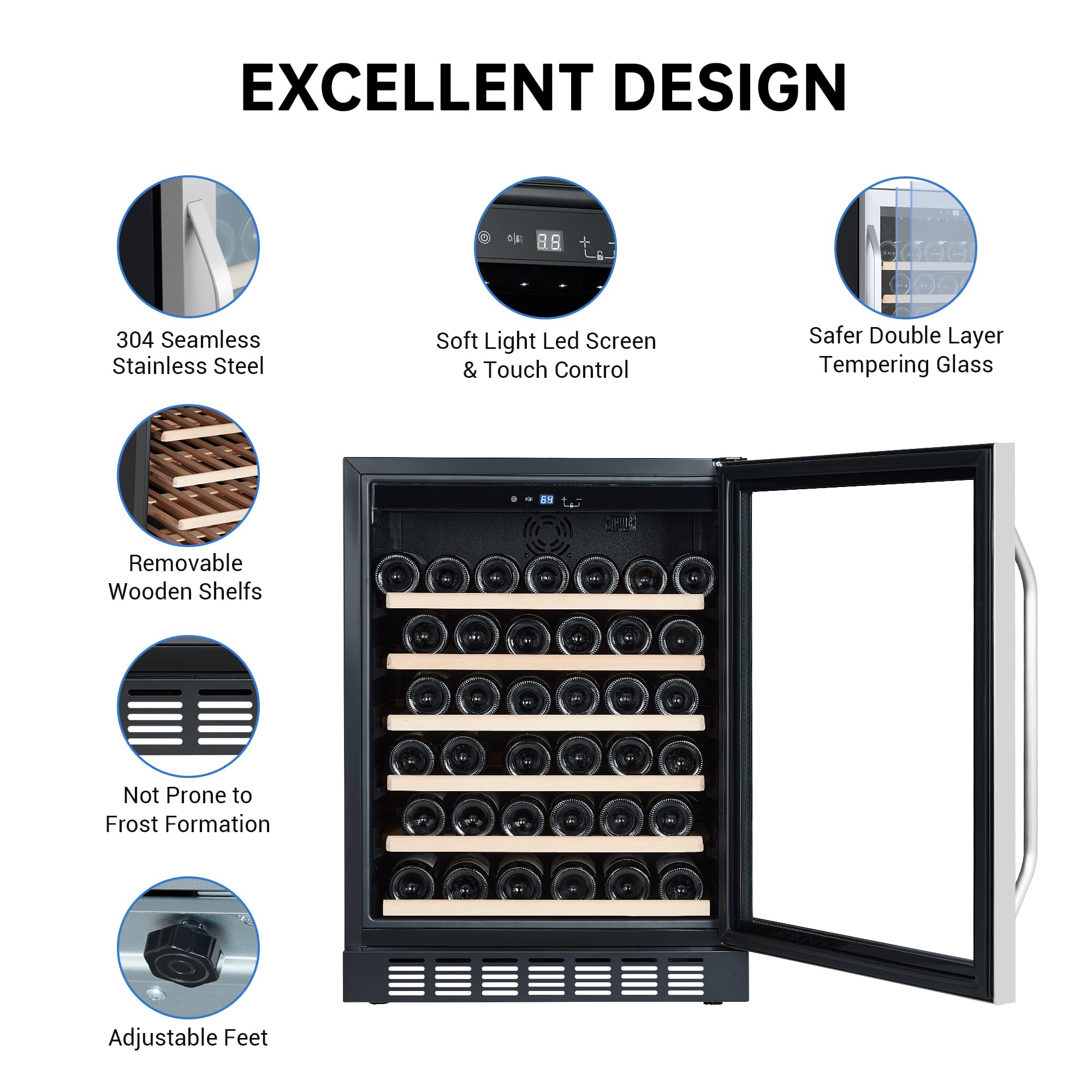 24'' Wine Fridge - 46 Bottle Capacity Wine Cooler Refrigerator, Stable Temperature Control, Digital Control Panel, Stainless Steel & Tempered Glass, Safety Lock,Lockable Wine Cellar For Home, Bar on Fridge.com - View 5
