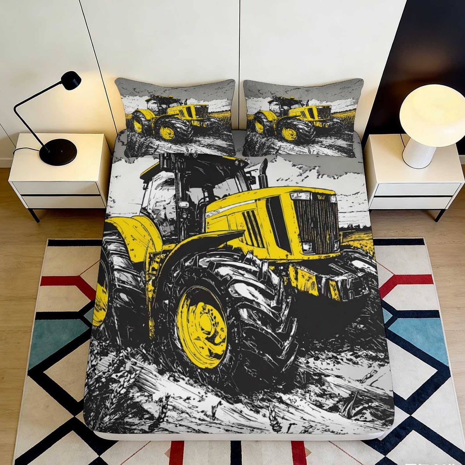 3D Printed Yellow Tractor Fitted Sheet Microfiber Soft Anti-Slip Farm Machinery Bed Cover for Bedroom Guest Room Mattress Protection 160x200x25cm