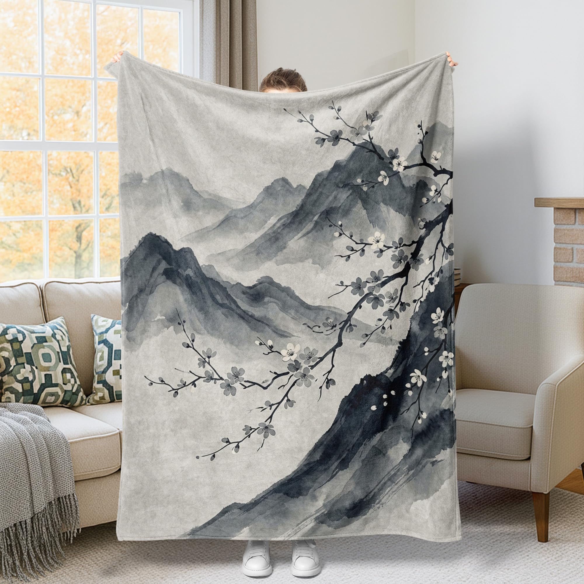 Couverture de montagne en peluche 152x203 cm gris léger pour canapé et lit