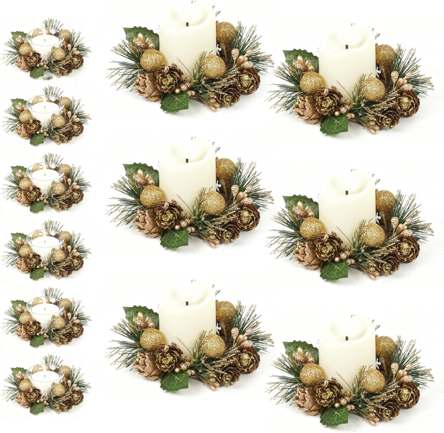 Candle Rings Set of 6 Christmas Candle Wreaths with Golden Berries, Pine Needles Pinecones Led Candles and Glass Cup,Suitable for Christmas Table, Front Door, Cabinet and Window Decoration