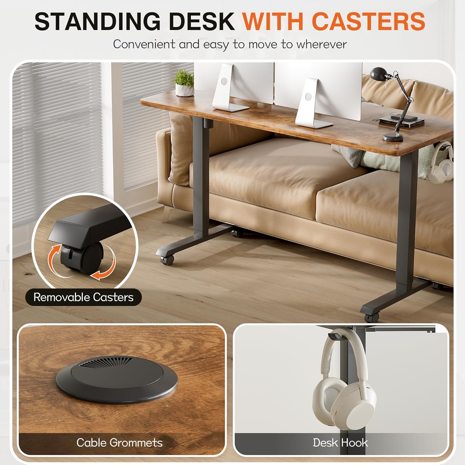 Close-up of removable casters, cable grommets, and a desk hook on the Furmax Electric Standing Desk.