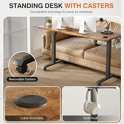 Vista 4 de Furmax Escritorio eléctrico de pie, escritorio ajustable de altura de 55 x 24 pulgadas con ruedas extraíbles, escritorio para computadora de oficina