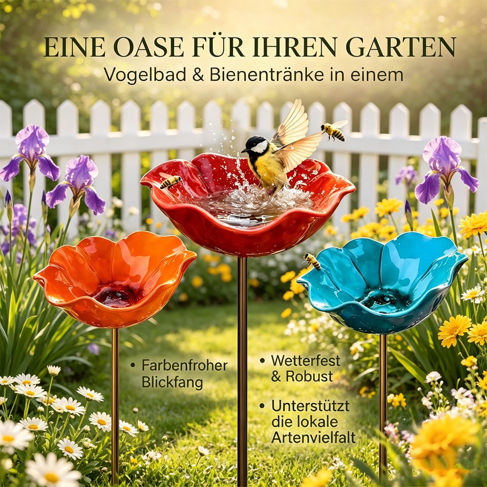 Blumen Gartenstecker VogelträNke, 3/4 Stück Handgefertigter Gartenstecker Aus Metall Als Bienentränke & Vogelbad, Bienentränken Blume für Den Garten (3 Stück-B)
