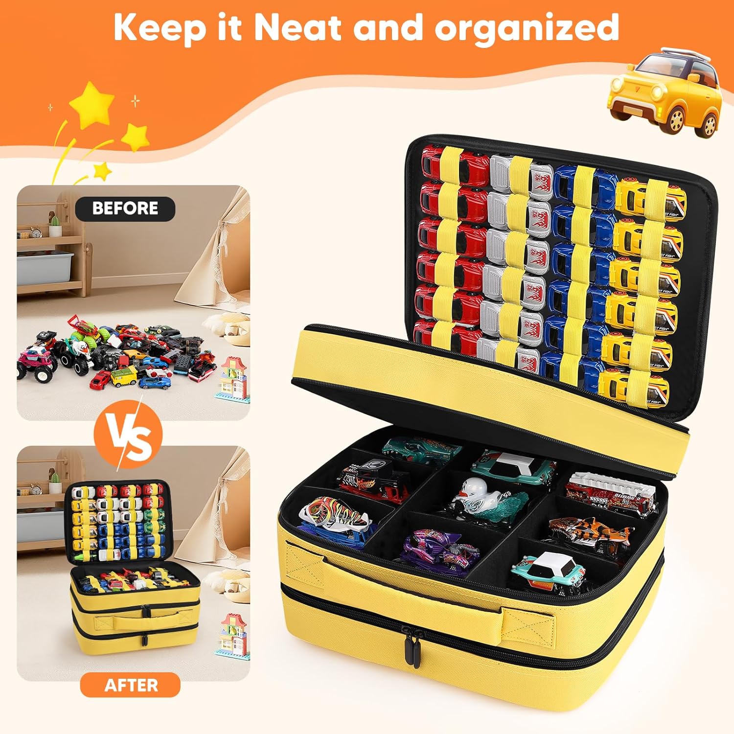 Toy Car Storage Bag Compatible with 1:64 scale HotWheels Mini Car & Monster Truck Series—Holds Up to 96 Mini Toy Cars and 9 Monster Trucks (Yellow)