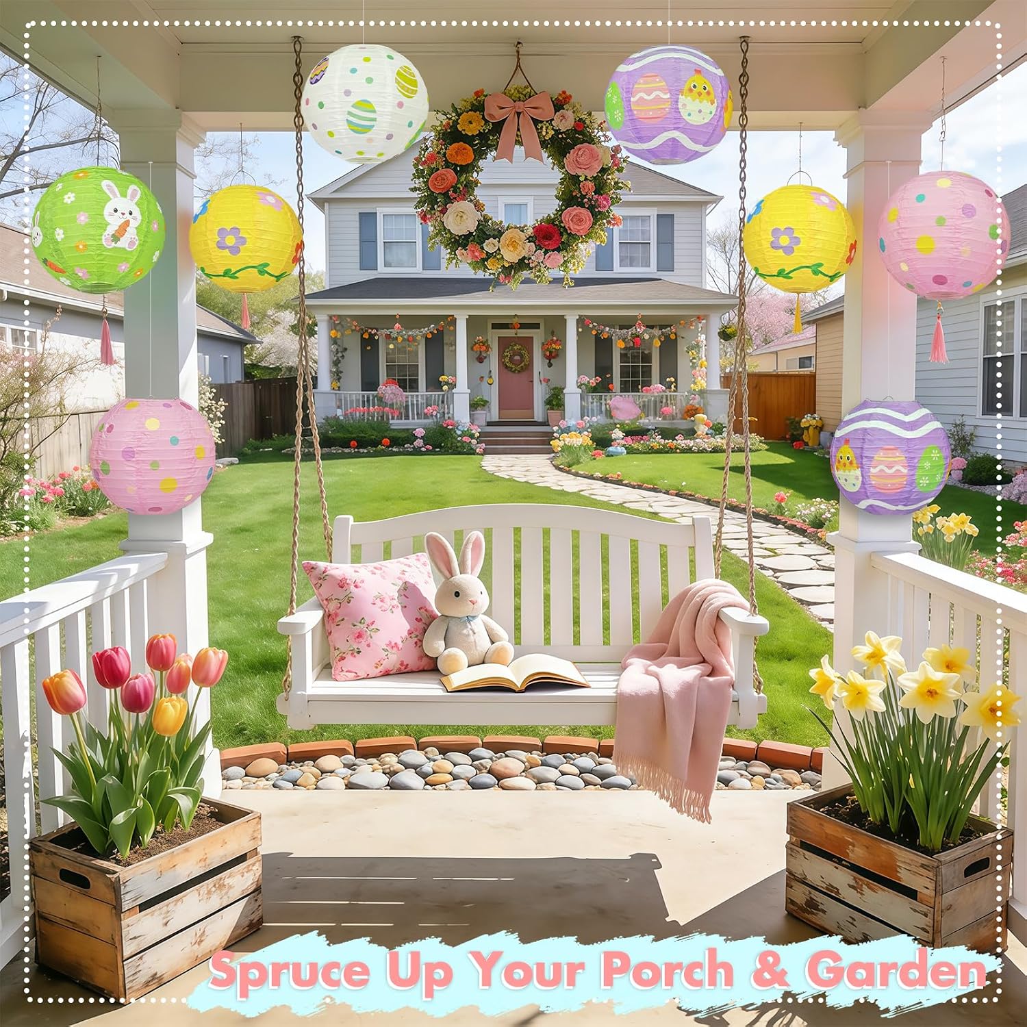 Spring Hanging Decorations - 9 Pack 10" Hanging Paper Lanterns Set, Bunny Chick Egg Design, Pastel Classroom Ceiling Decor for Preschool, Kindergarten & Easter Party